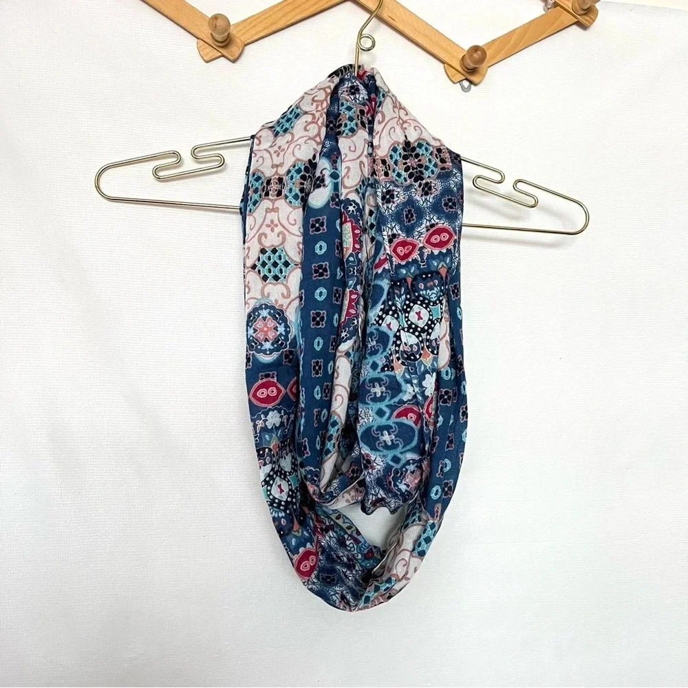 Chico's Infinity Scarf Geometric Print Blue Multicolor 35" X 20.5" Without Tag